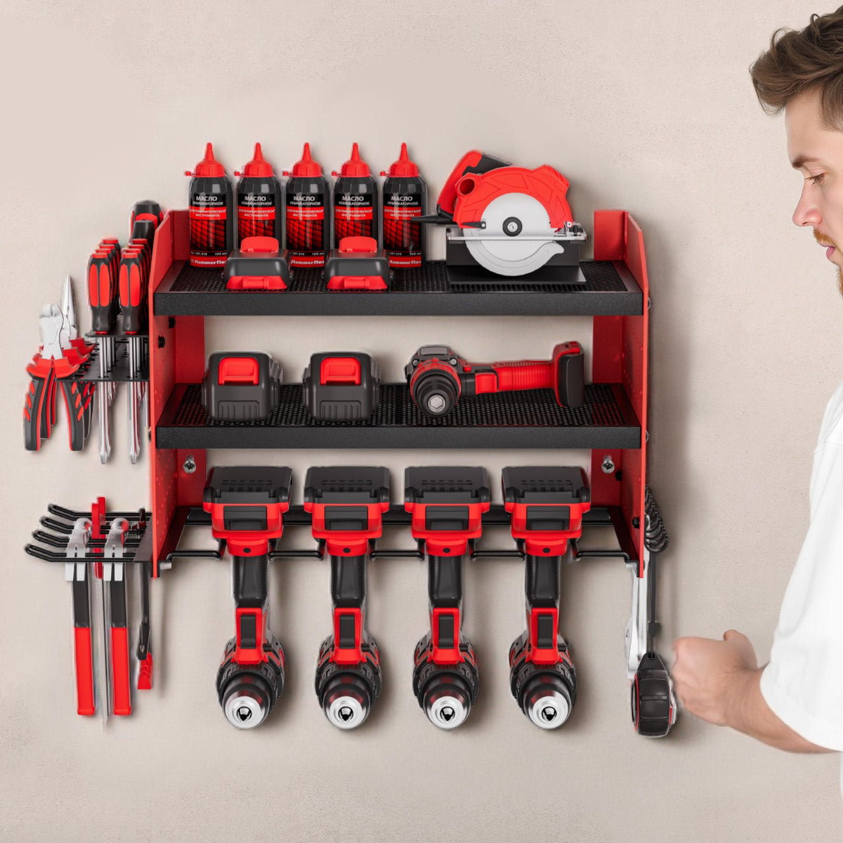VEVOR Power Tool Organizer Wall Mount, 3-Layer Storage Rack with 4 Drill Holders, Tools Holder and Storage Rack with Side Pegboards, Garage Tool Organizer for Garage, Workbench, and Workshop - DDGJJTZGBK3C97DJ3002V0 - view 9