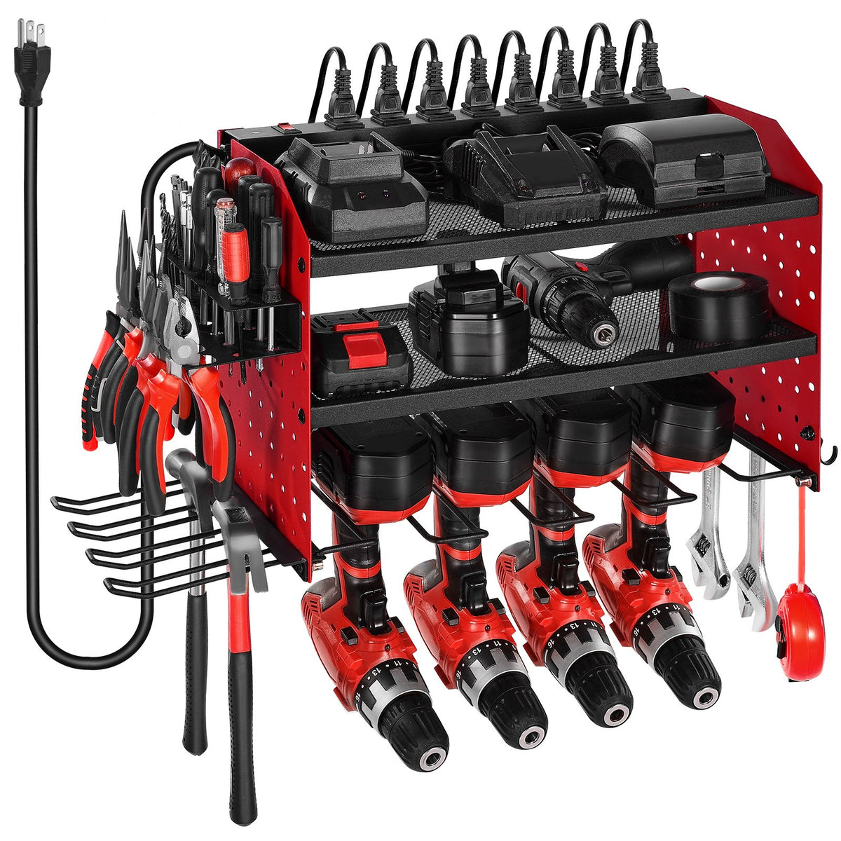 VEVOR Power Tool Organizer with Charging Station, 3-Layer Drill Storage Rack with 4 Drill Holders & Side Pegboard, Garage Tool Organizer Built in 8 Outlet Power Strips for Garage, Workbench, Workshop - DDGJJTZGBK3CN3NZA002V1 - view 1
