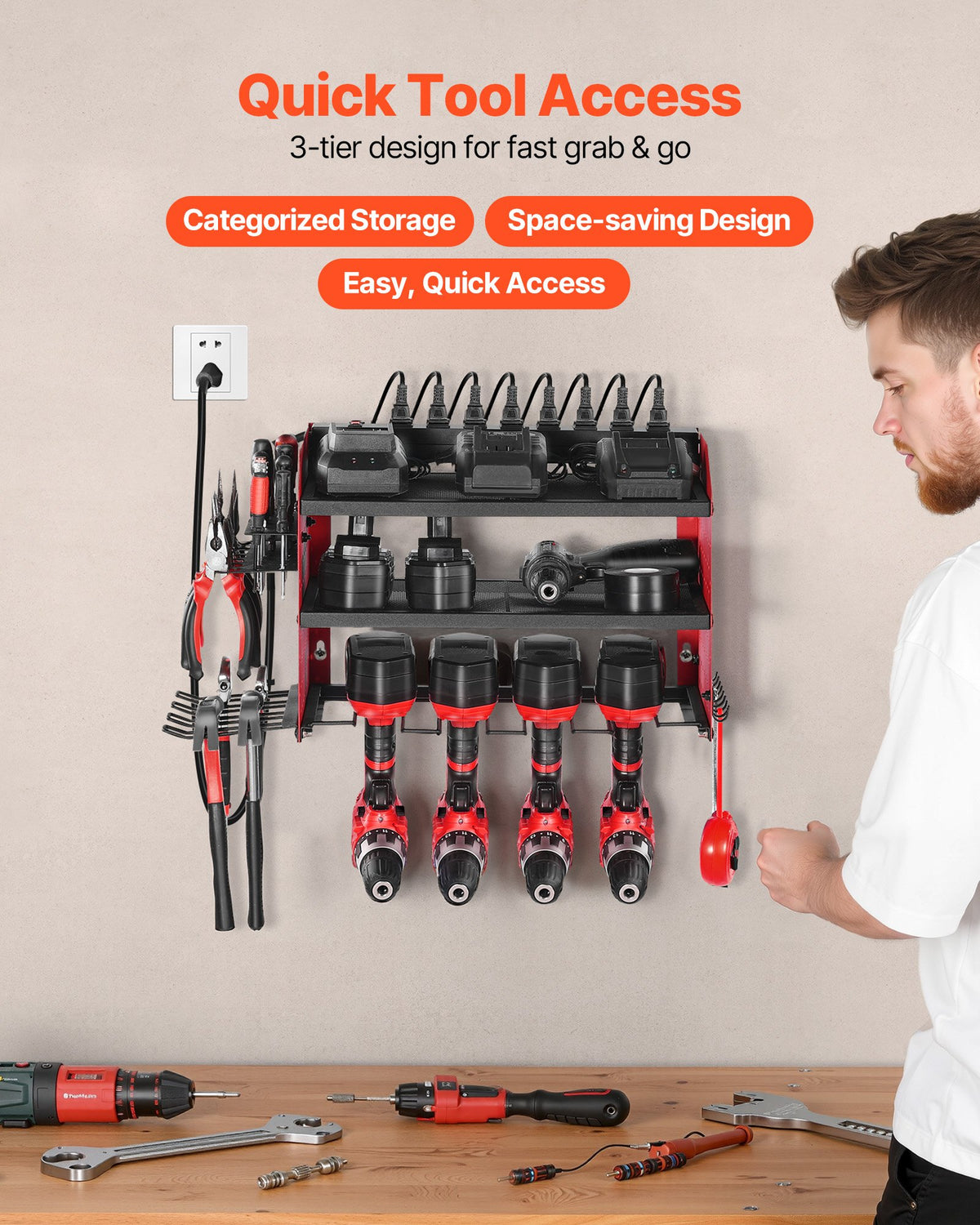 VEVOR Power Tool Organizer with Charging Station, 3-Layer Drill Storage Rack with 4 Drill Holders & Side Pegboard, Garage Tool Organizer Built in 8 Outlet Power Strips for Garage, Workbench, Workshop - DDGJJTZGBK3CN3NZA002V1 - view 3