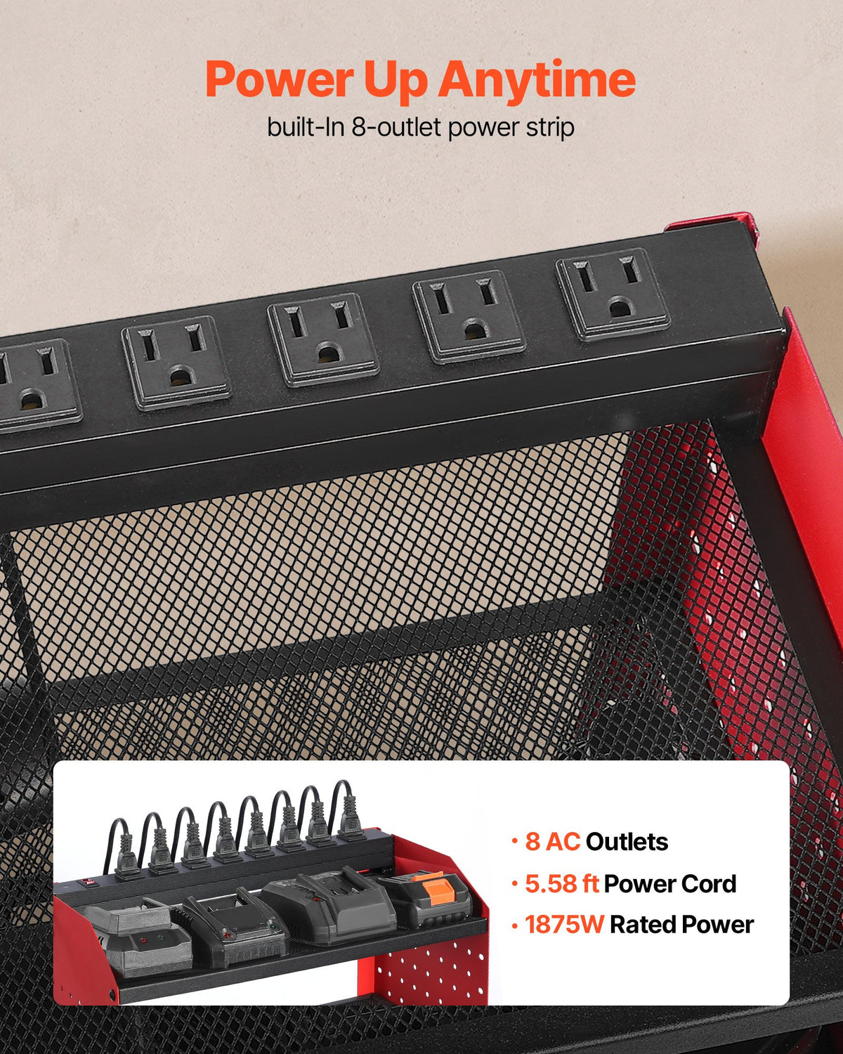 VEVOR Power Tool Organizer with Charging Station, 3-Layer Drill Storage Rack with 4 Drill Holders & Side Pegboard, Garage Tool Organizer Built in 8 Outlet Power Strips for Garage, Workbench, Workshop - DDGJJTZGBK3CN3NZA002V1 - view 4