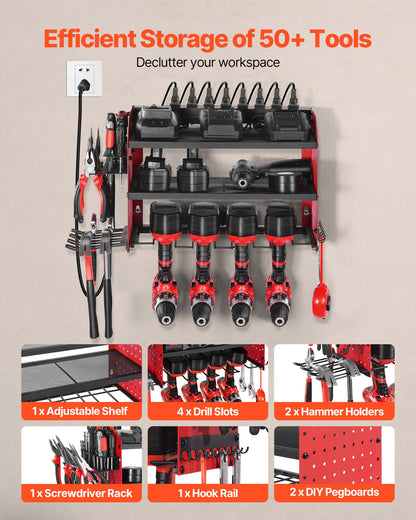 VEVOR Power Tool Organizer with Charging Station, 3-Layer Drill Storage Rack with 4 Drill Holders & Side Pegboard, Garage Tool Organizer Built in 8 Outlet Power Strips for Garage, Workbench, Workshop - DDGJJTZGBK3CN3NZA002V1 - view 5