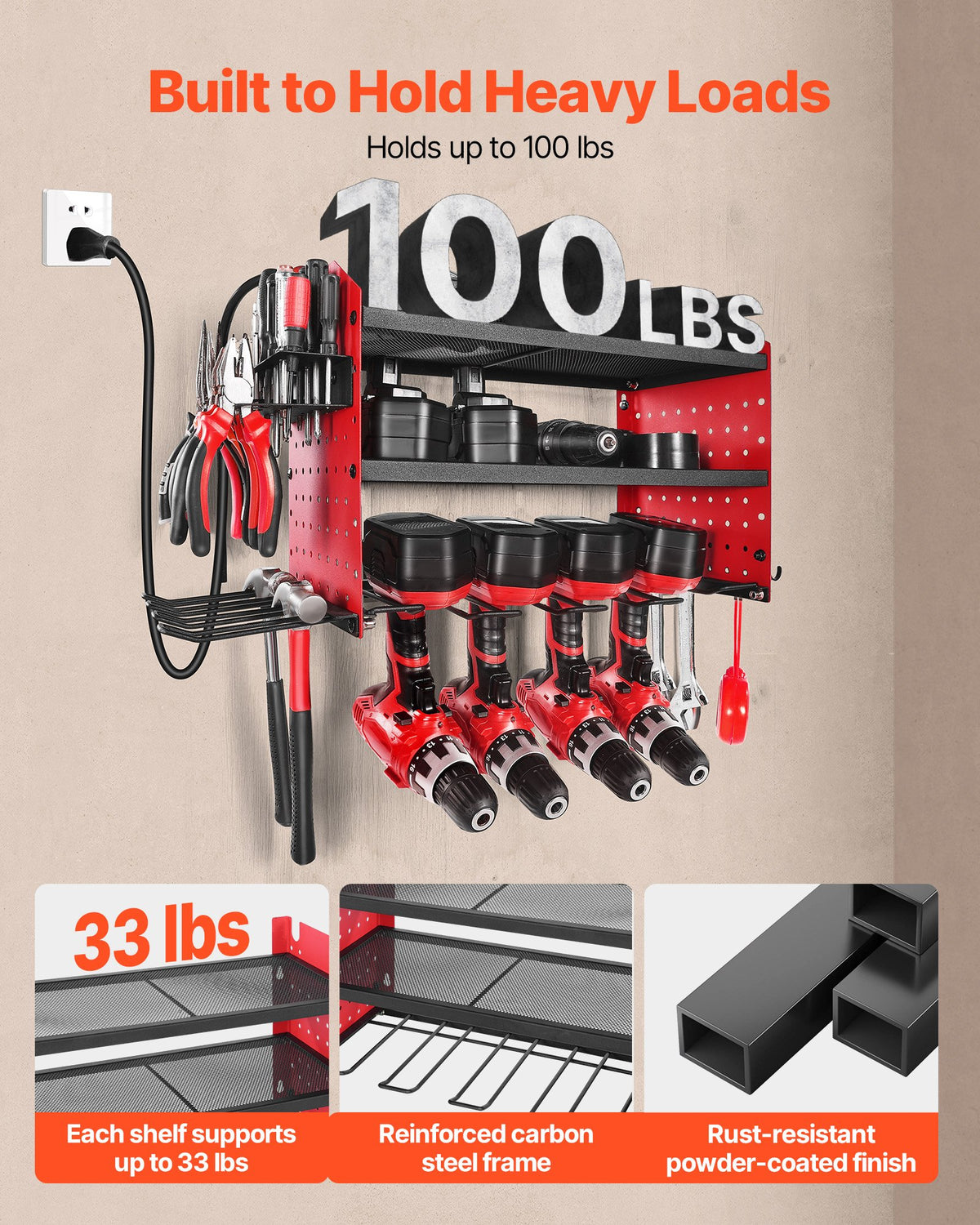 VEVOR Power Tool Organizer with Charging Station, 3-Layer Drill Storage Rack with 4 Drill Holders & Side Pegboard, Garage Tool Organizer Built in 8 Outlet Power Strips for Garage, Workbench, Workshop - DDGJJTZGBK3CN3NZA002V1 - view 6