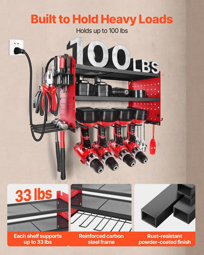 VEVOR Power Tool Organizer with Charging Station, 3-Layer Drill Storage Rack with 4 Drill Holders & Side Pegboard, Garage Tool Organizer Built in 8 Outlet Power Strips for Garage, Workbench, Workshop - DDGJJTZGBK3CN3NZA002V1 - view 6