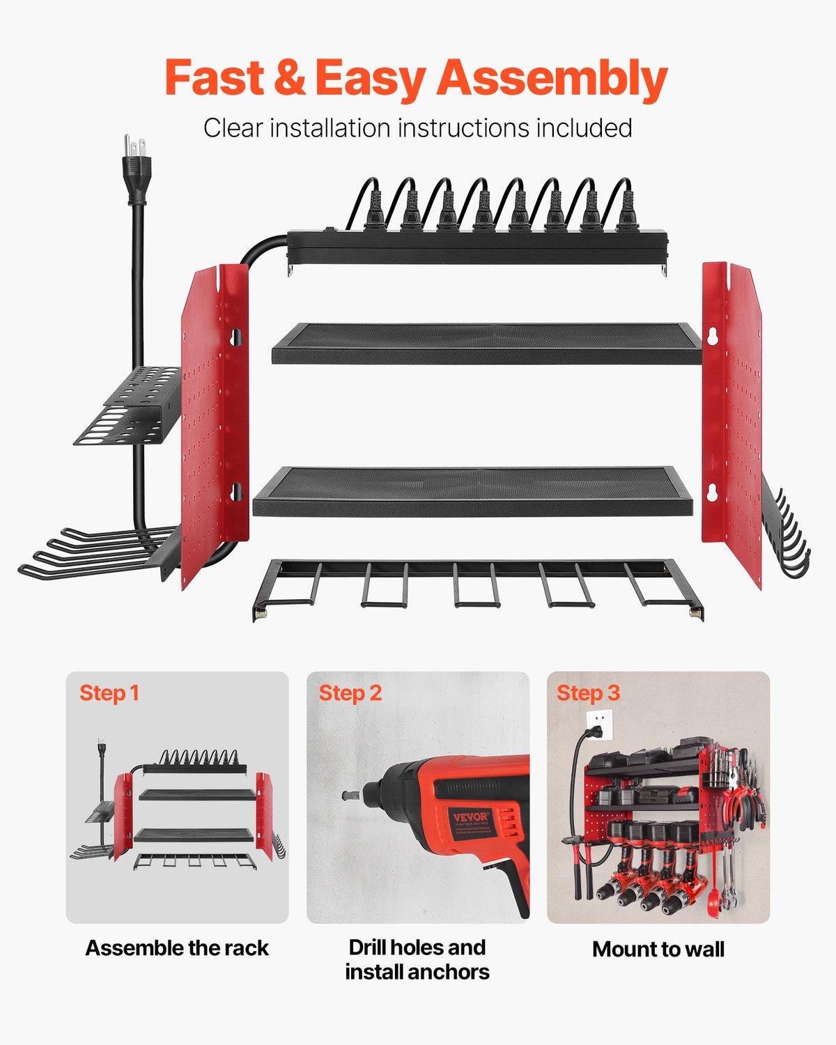VEVOR Power Tool Organizer with Charging Station, 3-Layer Drill Storage Rack with 4 Drill Holders & Side Pegboard, Garage Tool Organizer Built in 8 Outlet Power Strips for Garage, Workbench, Workshop - DDGJJTZGBK3CN3NZA002V1 - view 7
