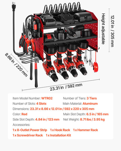 VEVOR Power Tool Organizer with Charging Station, 3-Layer Drill Storage Rack with 4 Drill Holders & Side Pegboard, Garage Tool Organizer Built in 8 Outlet Power Strips for Garage, Workbench, Workshop - DDGJJTZGBK3CN3NZA002V1 - view 8