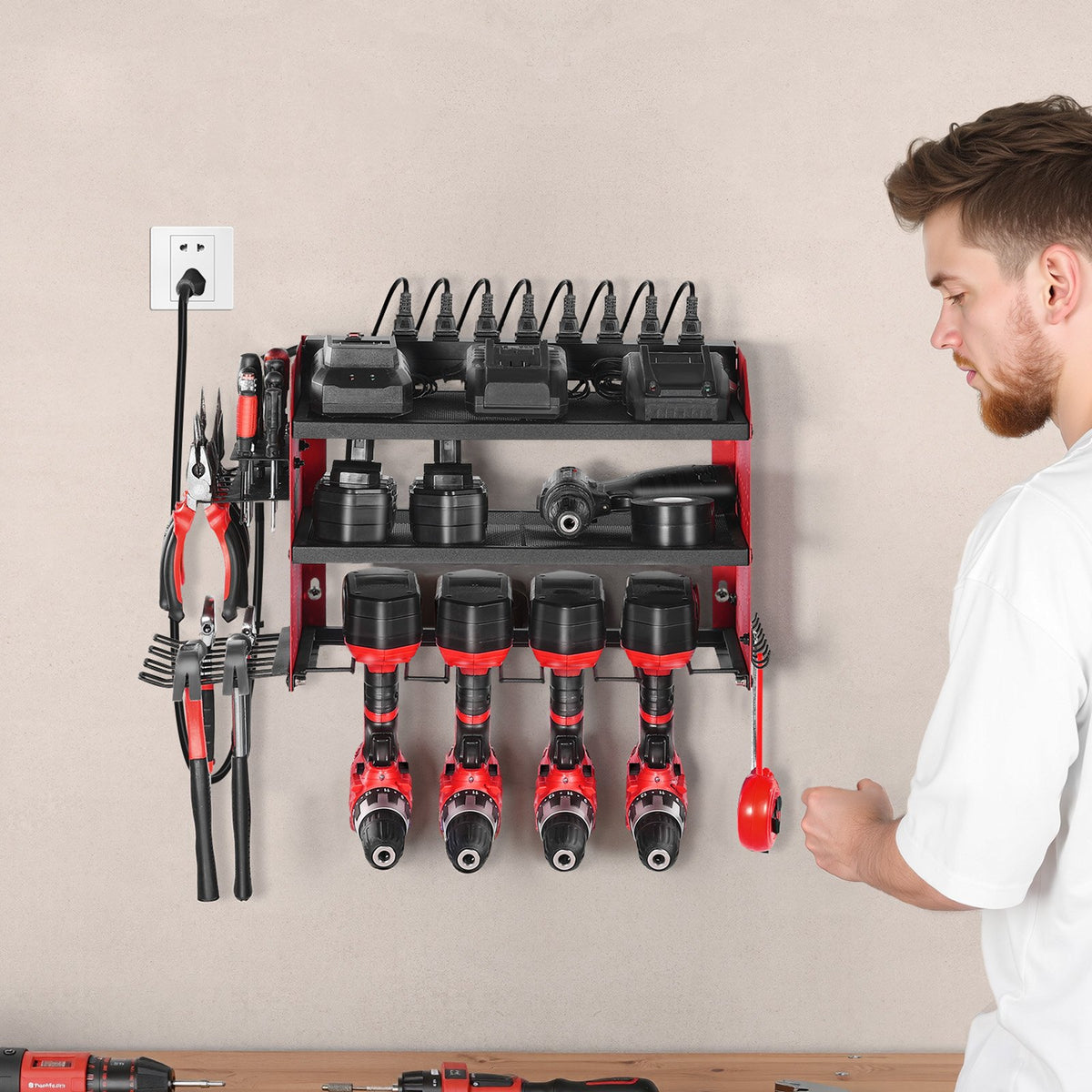 VEVOR Power Tool Organizer with Charging Station, 3-Layer Drill Storage Rack with 4 Drill Holders & Side Pegboard, Garage Tool Organizer Built in 8 Outlet Power Strips for Garage, Workbench, Workshop - DDGJJTZGBK3CN3NZA002V1 - view 9
