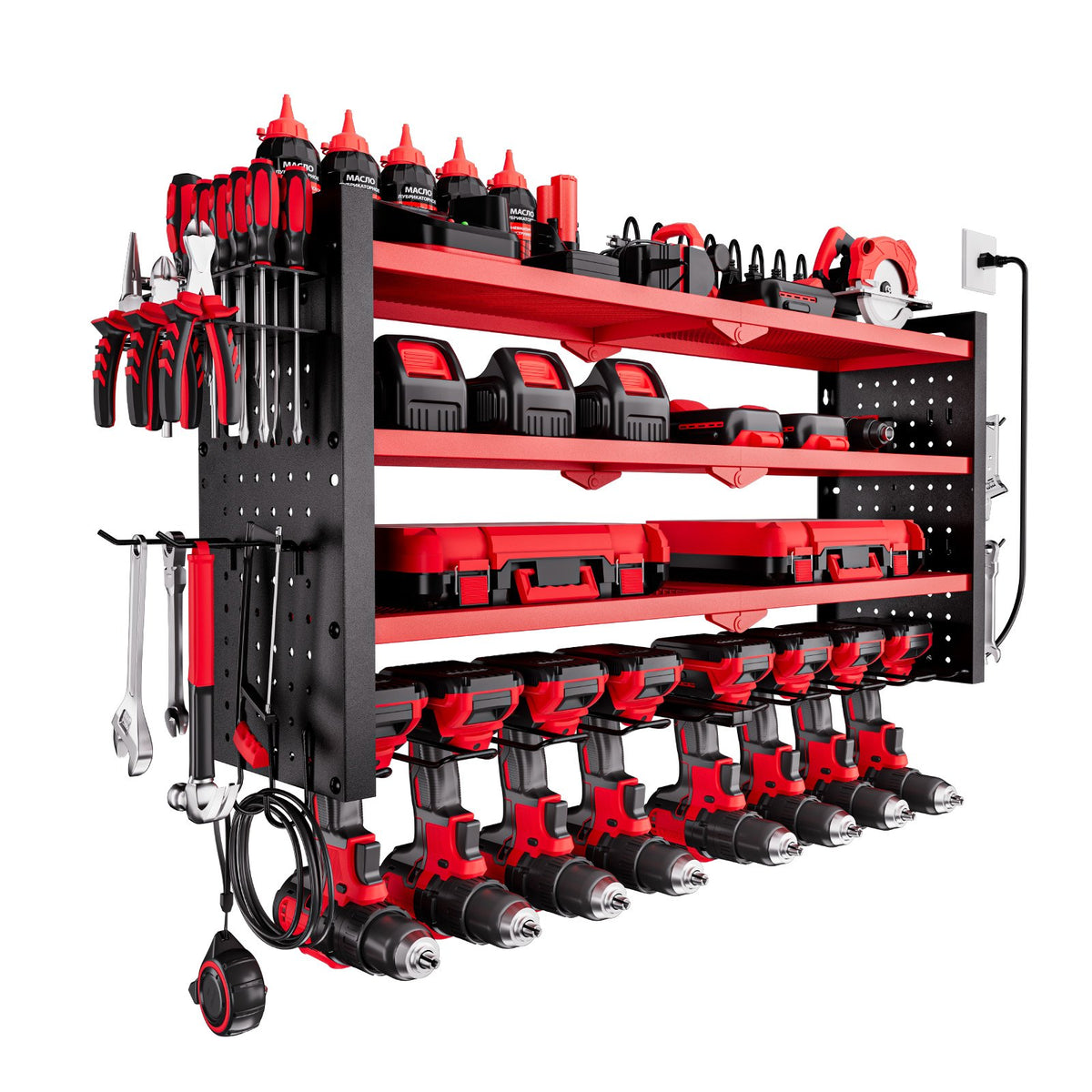 VEVOR Power Tool Organizer with Charging Station, 4-Layer Drill Storage Rack with 8 Drill Holders & Side Pegboard, Garage Tool Organizer Built in 8 Outlet Power Strips for Garage, Workbench, Workshop - DDGJJTZGBK4C9URIL002V1 - view 1