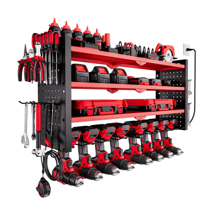 VEVOR Power Tool Organizer with Charging Station, 4-Layer Drill Storage Rack with 8 Drill Holders & Side Pegboard, Garage Tool Organizer Built in 8 Outlet Power Strips for Garage, Workbench, Workshop - DDGJJTZGBK4C9URIL002V1 - view 1