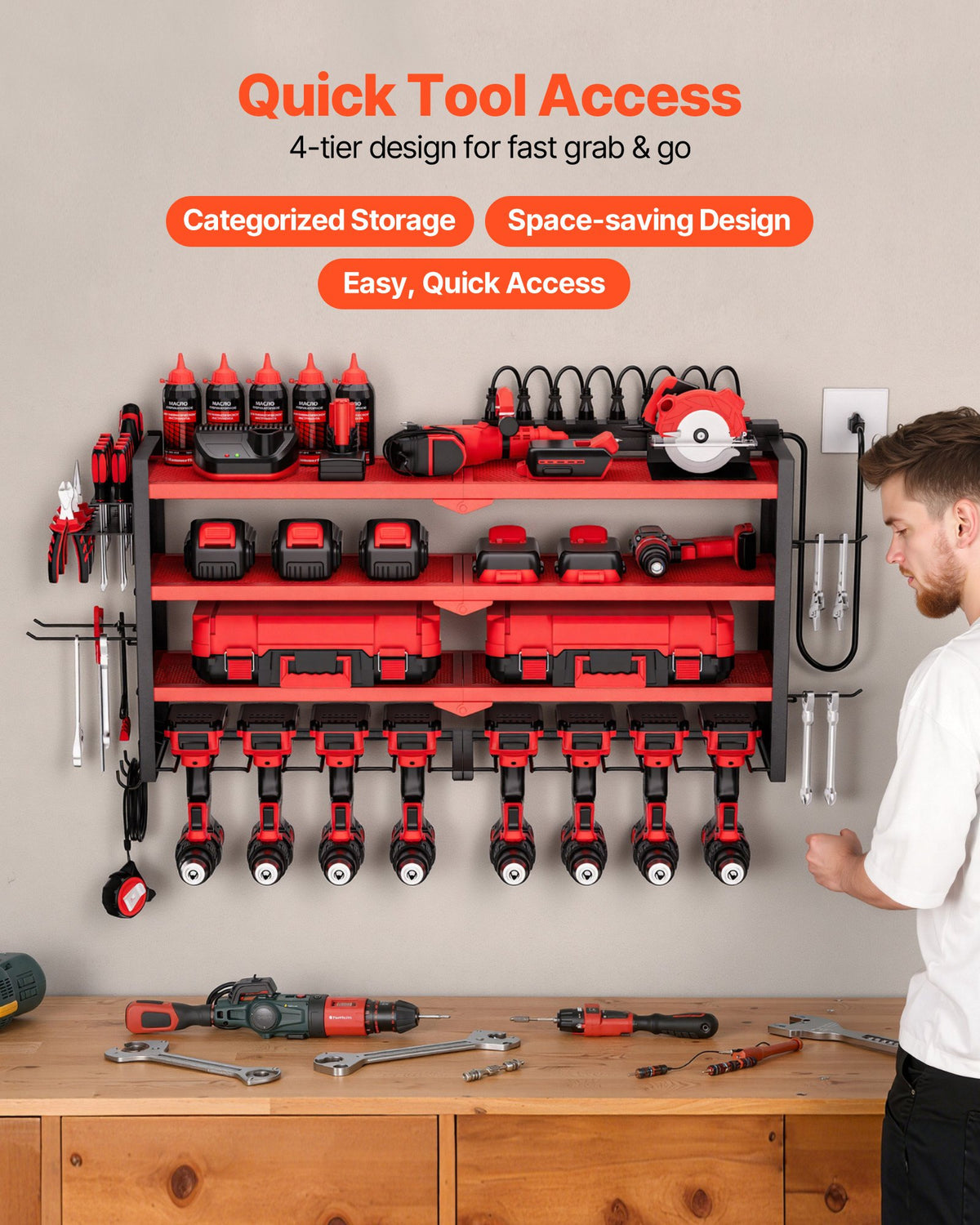VEVOR Power Tool Organizer with Charging Station, 4-Layer Drill Storage Rack with 8 Drill Holders & Side Pegboard, Garage Tool Organizer Built in 8 Outlet Power Strips for Garage, Workbench, Workshop - DDGJJTZGBK4C9URIL002V1 - view 3