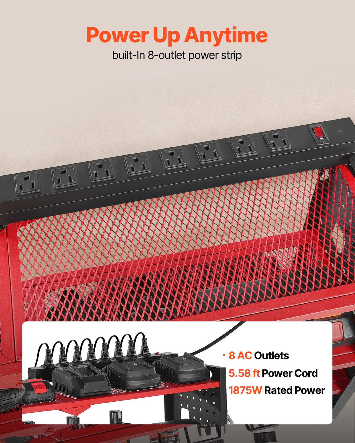 VEVOR Power Tool Organizer with Charging Station, 4-Layer Drill Storage Rack with 8 Drill Holders & Side Pegboard, Garage Tool Organizer Built in 8 Outlet Power Strips for Garage, Workbench, Workshop - DDGJJTZGBK4C9URIL002V1 - view 4