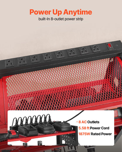 VEVOR Power Tool Organizer with Charging Station, 4-Layer Drill Storage Rack with 8 Drill Holders & Side Pegboard, Garage Tool Organizer Built in 8 Outlet Power Strips for Garage, Workbench, Workshop - DDGJJTZGBK4C9URIL002V1 - view 4