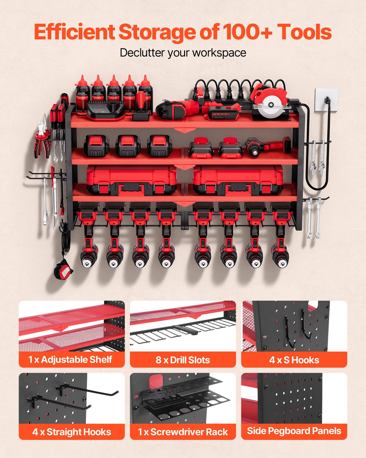 VEVOR Power Tool Organizer with Charging Station, 4-Layer Drill Storage Rack with 8 Drill Holders & Side Pegboard, Garage Tool Organizer Built in 8 Outlet Power Strips for Garage, Workbench, Workshop - DDGJJTZGBK4C9URIL002V1 - view 5