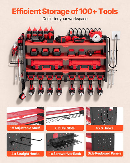 VEVOR Power Tool Organizer with Charging Station, 4-Layer Drill Storage Rack with 8 Drill Holders & Side Pegboard, Garage Tool Organizer Built in 8 Outlet Power Strips for Garage, Workbench, Workshop - DDGJJTZGBK4C9URIL002V1 - view 5