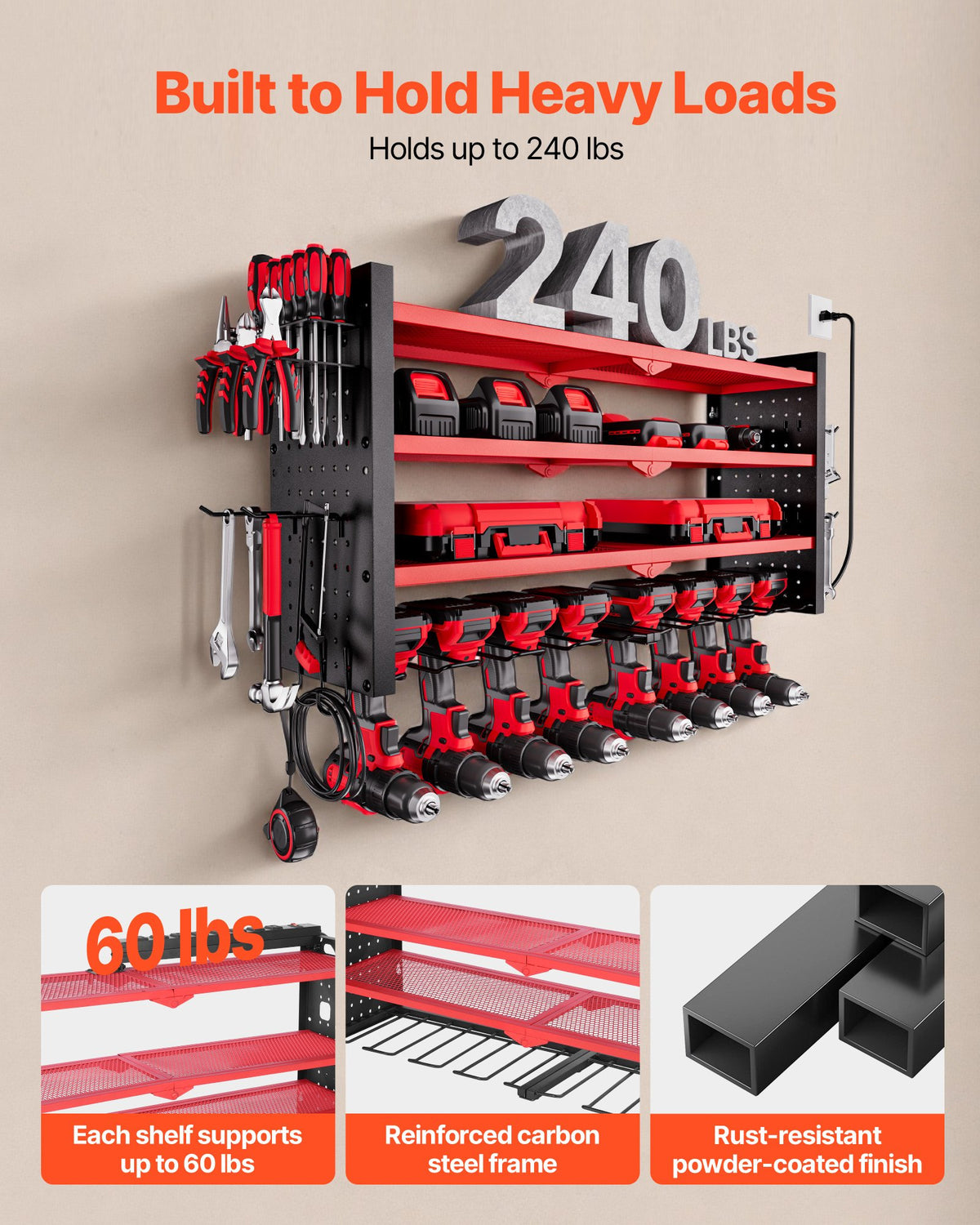 VEVOR Power Tool Organizer with Charging Station, 4-Layer Drill Storage Rack with 8 Drill Holders & Side Pegboard, Garage Tool Organizer Built in 8 Outlet Power Strips for Garage, Workbench, Workshop - DDGJJTZGBK4C9URIL002V1 - view 6