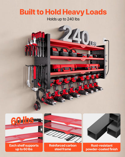 VEVOR Power Tool Organizer with Charging Station, 4-Layer Drill Storage Rack with 8 Drill Holders & Side Pegboard, Garage Tool Organizer Built in 8 Outlet Power Strips for Garage, Workbench, Workshop - DDGJJTZGBK4C9URIL002V1 - view 6