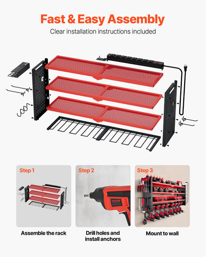 VEVOR Power Tool Organizer with Charging Station, 4-Layer Drill Storage Rack with 8 Drill Holders & Side Pegboard, Garage Tool Organizer Built in 8 Outlet Power Strips for Garage, Workbench, Workshop - DDGJJTZGBK4C9URIL002V1 - view 7