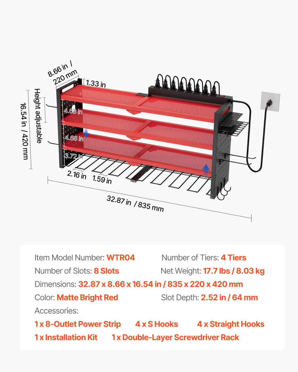 VEVOR Power Tool Organizer with Charging Station, 4-Layer Drill Storage Rack with 8 Drill Holders & Side Pegboard, Garage Tool Organizer Built in 8 Outlet Power Strips for Garage, Workbench, Workshop - DDGJJTZGBK4C9URIL002V1 - view 8