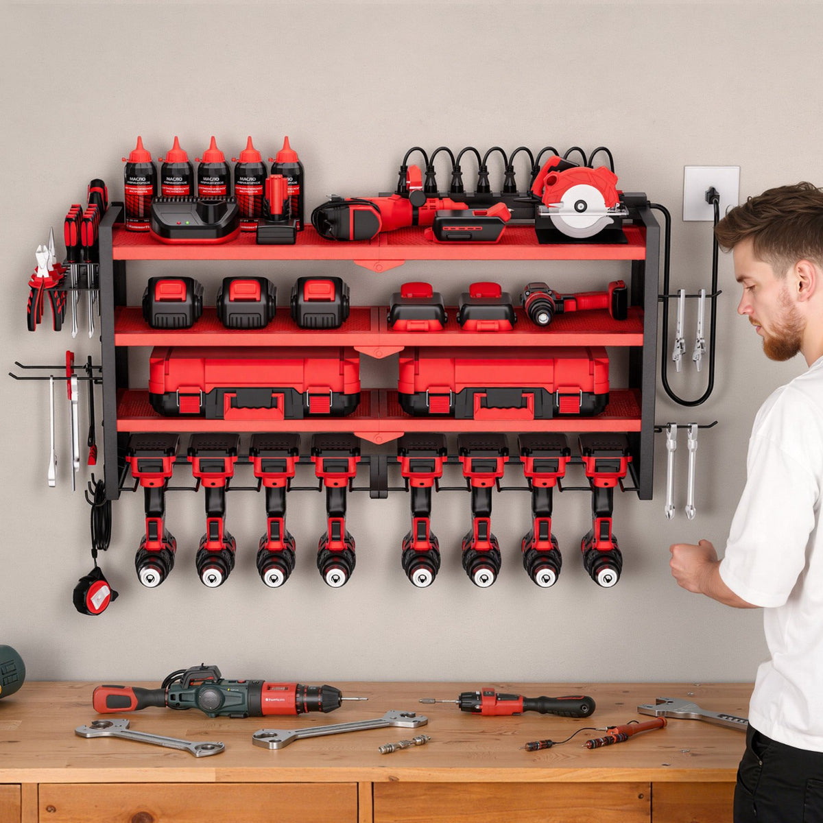 VEVOR Power Tool Organizer with Charging Station, 4-Layer Drill Storage Rack with 8 Drill Holders & Side Pegboard, Garage Tool Organizer Built in 8 Outlet Power Strips for Garage, Workbench, Workshop - DDGJJTZGBK4C9URIL002V1 - view 9