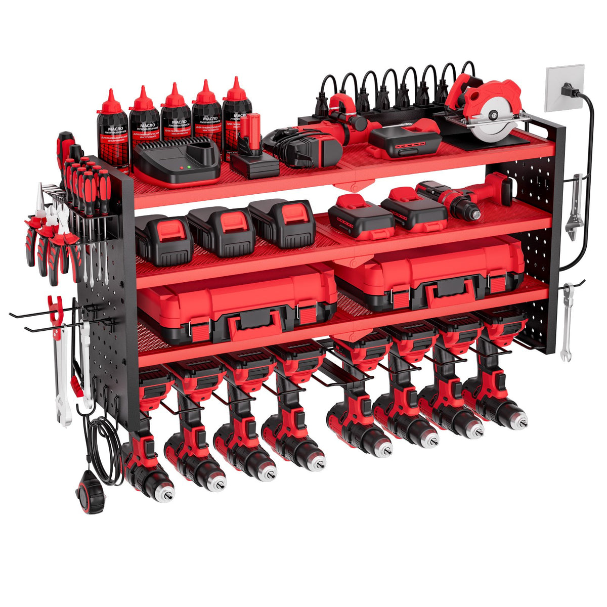 VEVOR Power Tool Organizer with Charging Station, 4-Layer Drill Storage Rack with 8 Drill Holders & Side Pegboard, Garage Tool Organizer Built in 8 Outlet Power Strips for Garage, Workbench, Workshop - DDGJJTZGBK4C9URIL002V1 - view 10