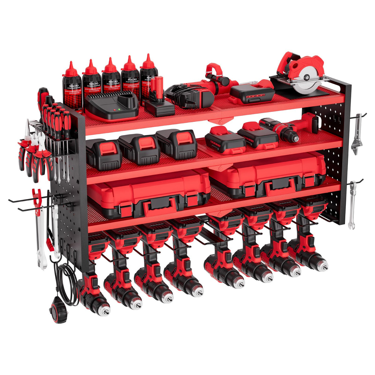 VEVOR Power Tool Organizer Wall Mount, 4-Layer Storage Rack with 8 Drill Holders, Tools Holder and Storage Rack with Side Pegboards, Garage Tool Organizer for Garage, Workbench, and Workshop - DDGJJTZGBK4CAJ8LT002V0 - view 1