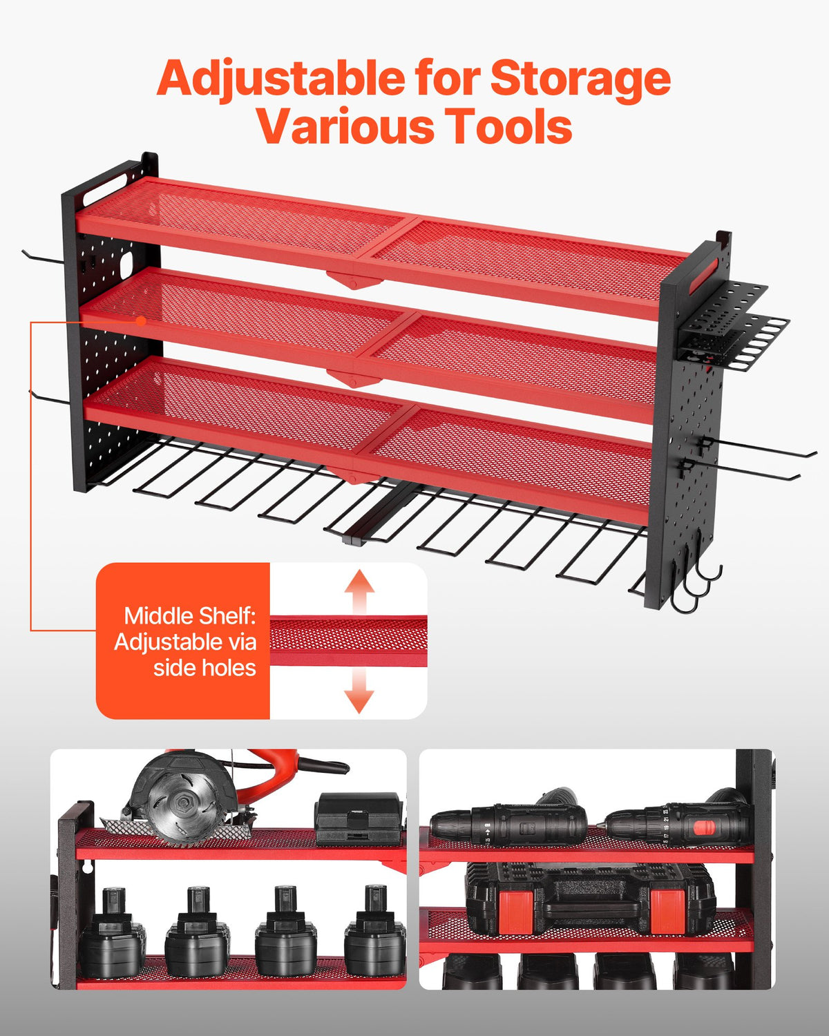 VEVOR Power Tool Organizer Wall Mount, 4-Layer Storage Rack with 8 Drill Holders, Tools Holder and Storage Rack with Side Pegboards, Garage Tool Organizer for Garage, Workbench, and Workshop - DDGJJTZGBK4CAJ8LT002V0 - view 4
