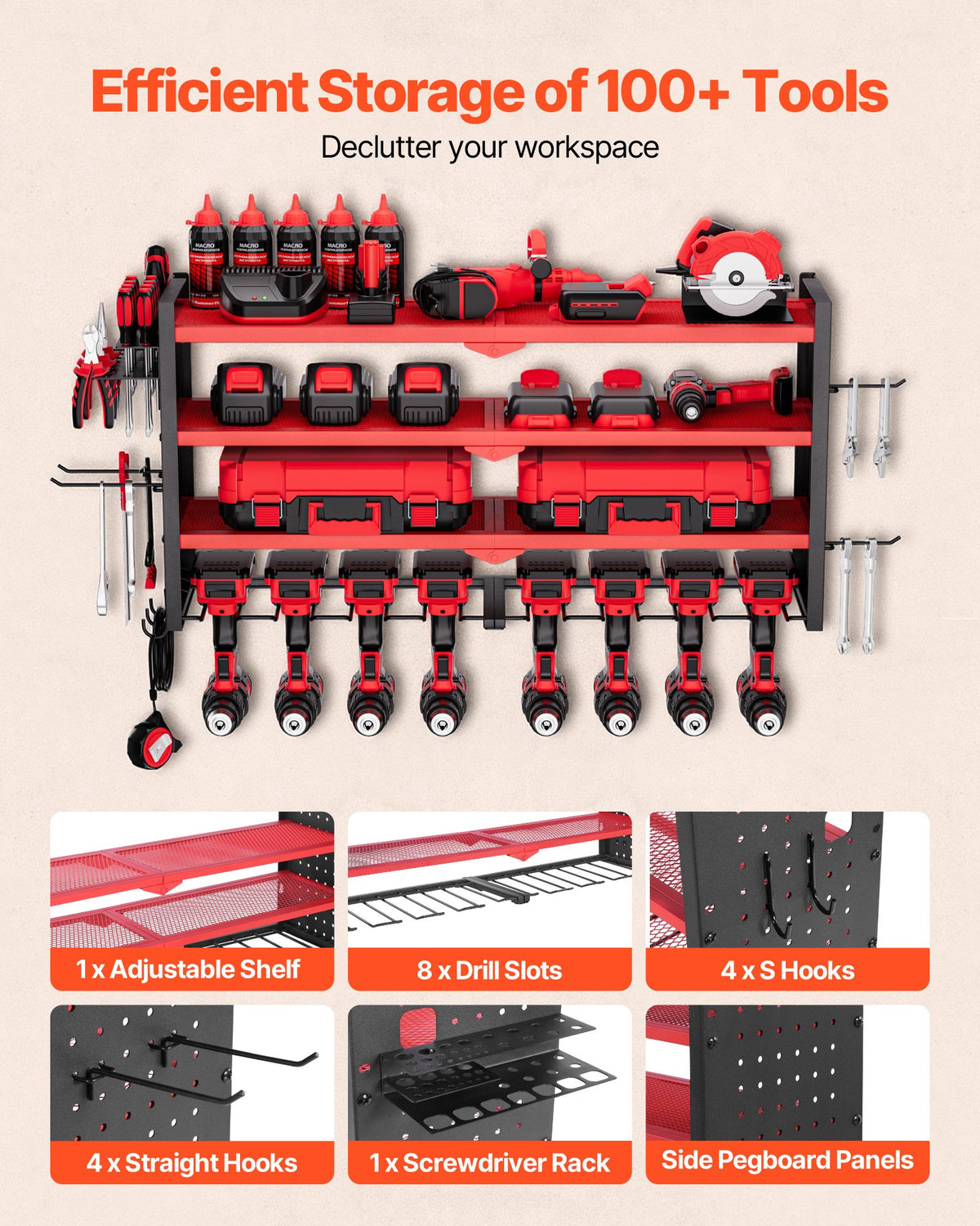 VEVOR Power Tool Organizer Wall Mount, 4-Layer Storage Rack with 8 Drill Holders, Tools Holder and Storage Rack with Side Pegboards, Garage Tool Organizer for Garage, Workbench, and Workshop - DDGJJTZGBK4CAJ8LT002V0 - view 5