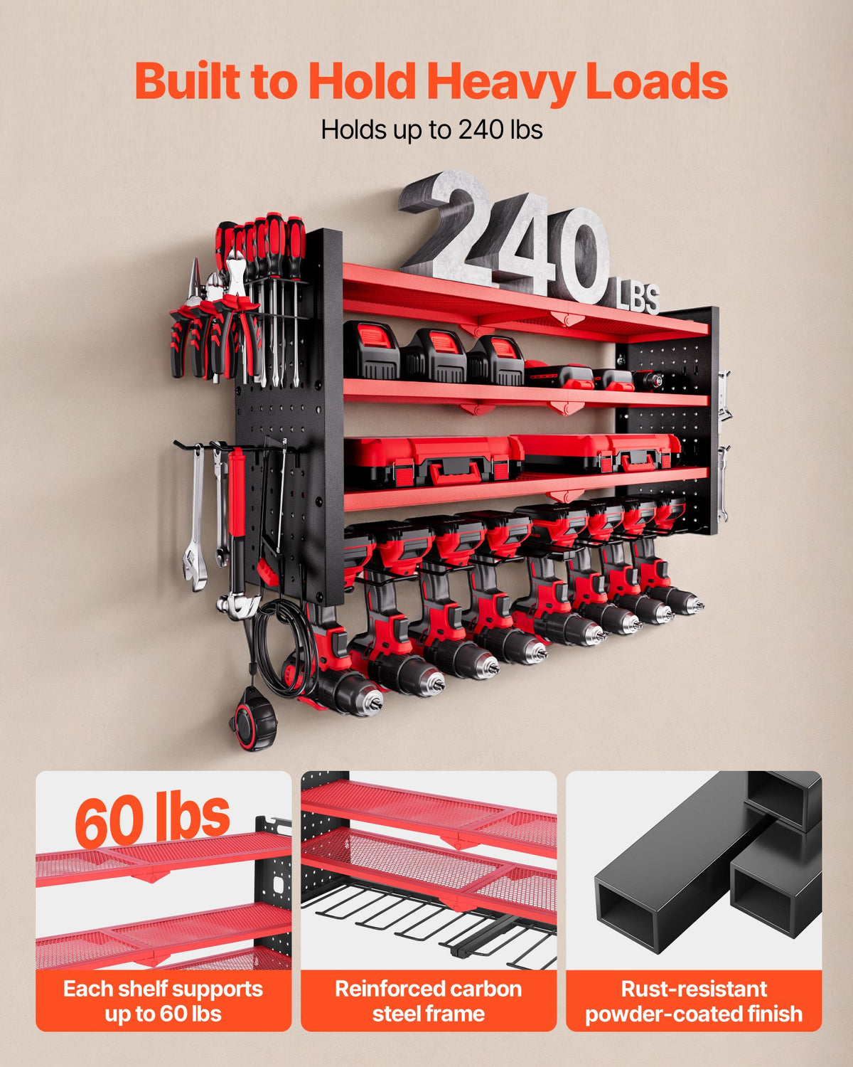 VEVOR Power Tool Organizer Wall Mount, 4-Layer Storage Rack with 8 Drill Holders, Tools Holder and Storage Rack with Side Pegboards, Garage Tool Organizer for Garage, Workbench, and Workshop - DDGJJTZGBK4CAJ8LT002V0 - view 6