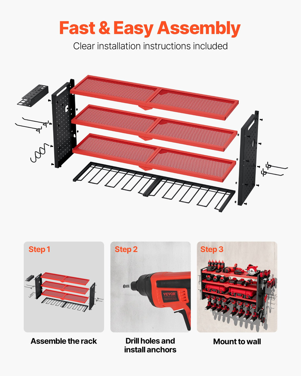 VEVOR Power Tool Organizer Wall Mount, 4-Layer Storage Rack with 8 Drill Holders, Tools Holder and Storage Rack with Side Pegboards, Garage Tool Organizer for Garage, Workbench, and Workshop - DDGJJTZGBK4CAJ8LT002V0 - view 7
