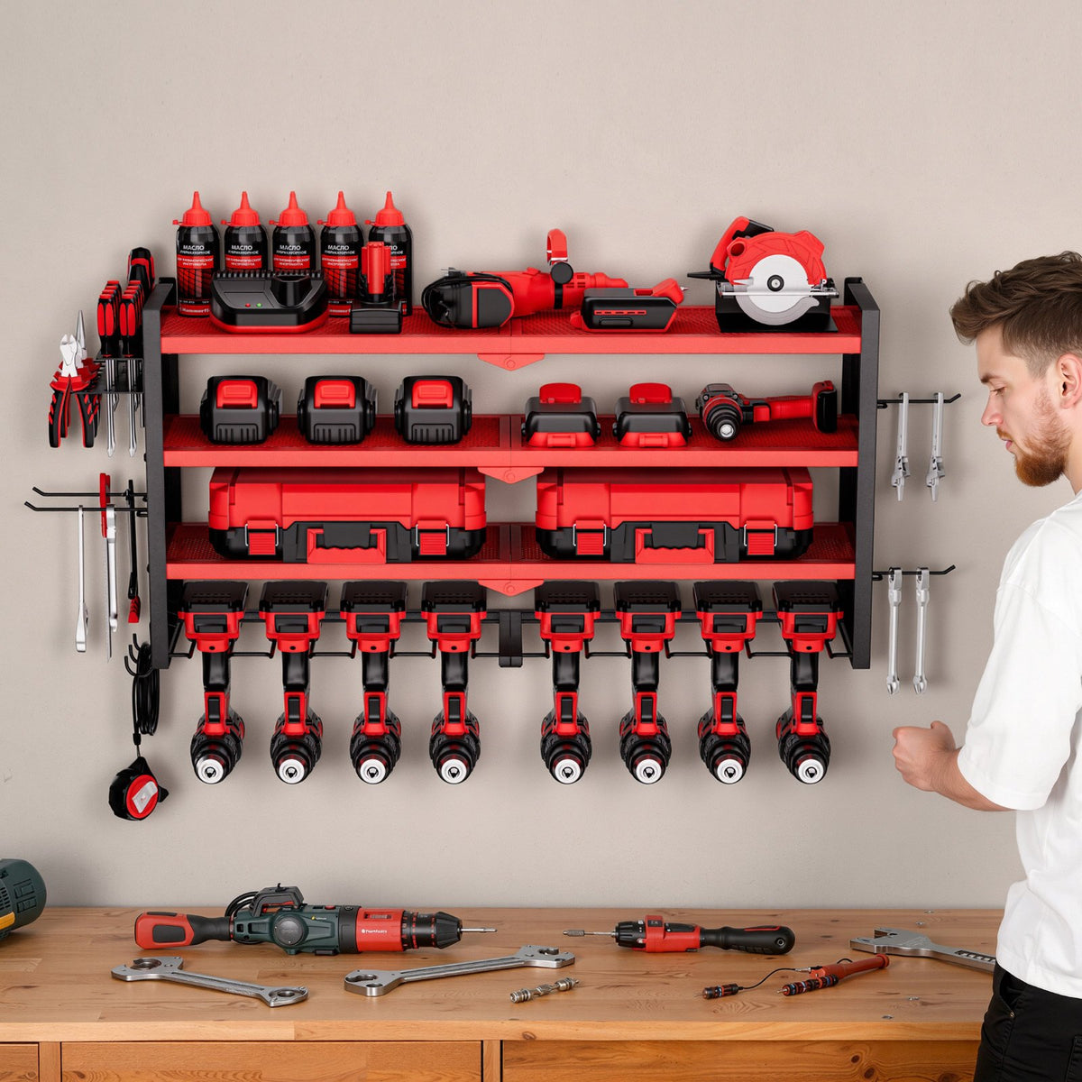 VEVOR Power Tool Organizer Wall Mount, 4-Layer Storage Rack with 8 Drill Holders, Tools Holder and Storage Rack with Side Pegboards, Garage Tool Organizer for Garage, Workbench, and Workshop - DDGJJTZGBK4CAJ8LT002V0 - view 9