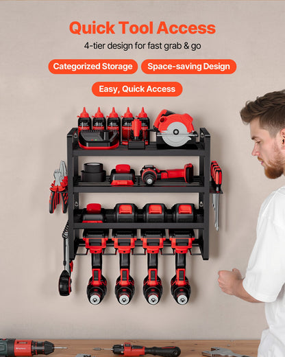 VEVOR Power Tool Organizer Wall Mount, 4-Layer Storage Rack with 4 Drill Holders, Tools Holder and Storage Rack with Screwdriver Holder, Garage Tool Organizer for Garage, Workbench, and Workshop - DDGJJTZJCK4CK95XO002V0 - view 3