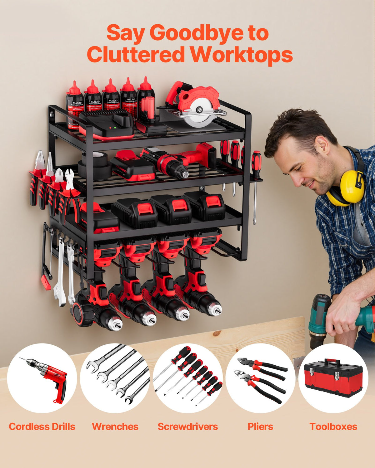 VEVOR Power Tool Organizer Wall Mount, 4-Layer Storage Rack with 4 Drill Holders, Tools Holder and Storage Rack with Screwdriver Holder, Garage Tool Organizer for Garage, Workbench, and Workshop - DDGJJTZJCK4CK95XO002V0 - view 4