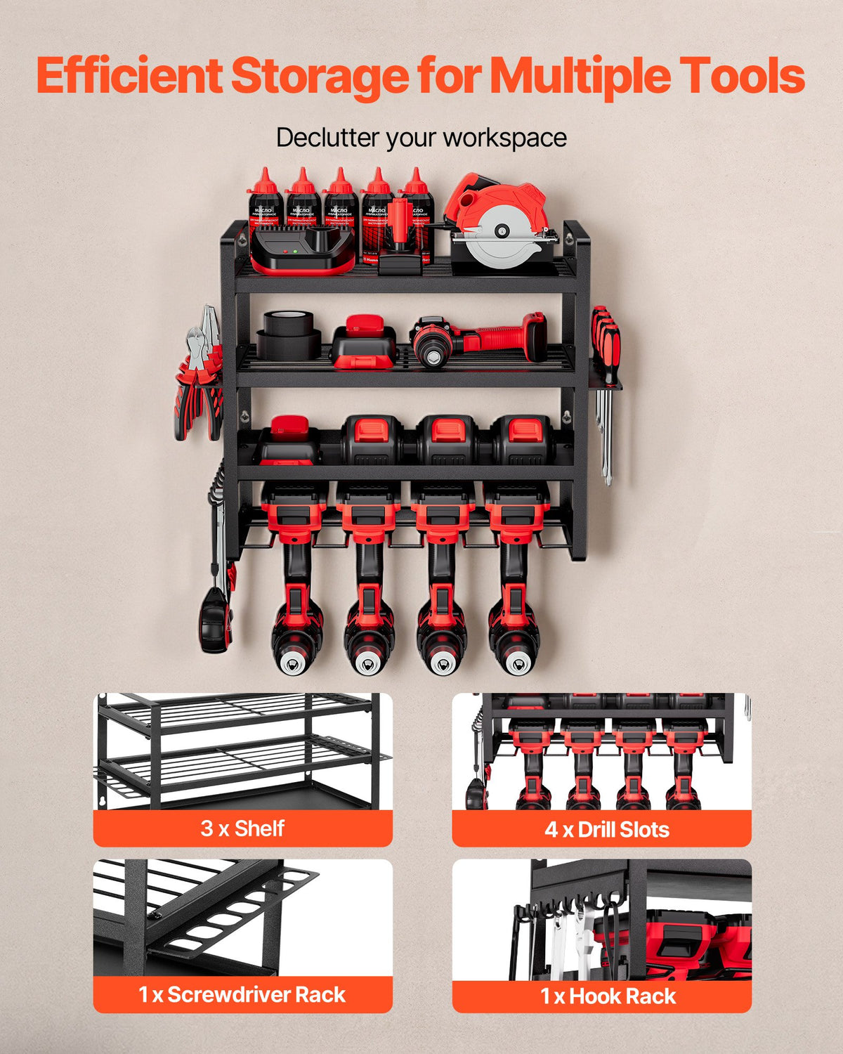 VEVOR Power Tool Organizer Wall Mount, 4-Layer Storage Rack with 4 Drill Holders, Tools Holder and Storage Rack with Screwdriver Holder, Garage Tool Organizer for Garage, Workbench, and Workshop - DDGJJTZJCK4CK95XO002V0 - view 5