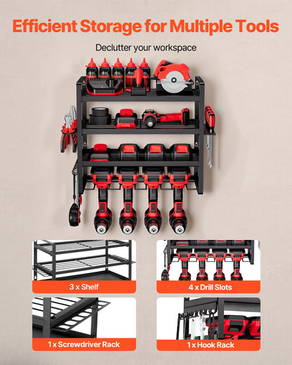 VEVOR Power Tool Organizer Wall Mount, 4-Layer Storage Rack with 4 Drill Holders, Tools Holder and Storage Rack with Screwdriver Holder, Garage Tool Organizer for Garage, Workbench, and Workshop - DDGJJTZJCK4CK95XO002V0 - view 5