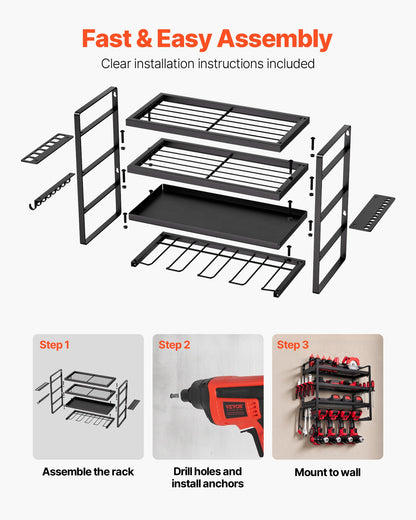 VEVOR Power Tool Organizer Wall Mount, 4-Layer Storage Rack with 4 Drill Holders, Tools Holder and Storage Rack with Screwdriver Holder, Garage Tool Organizer for Garage, Workbench, and Workshop - DDGJJTZJCK4CK95XO002V0 - view 7