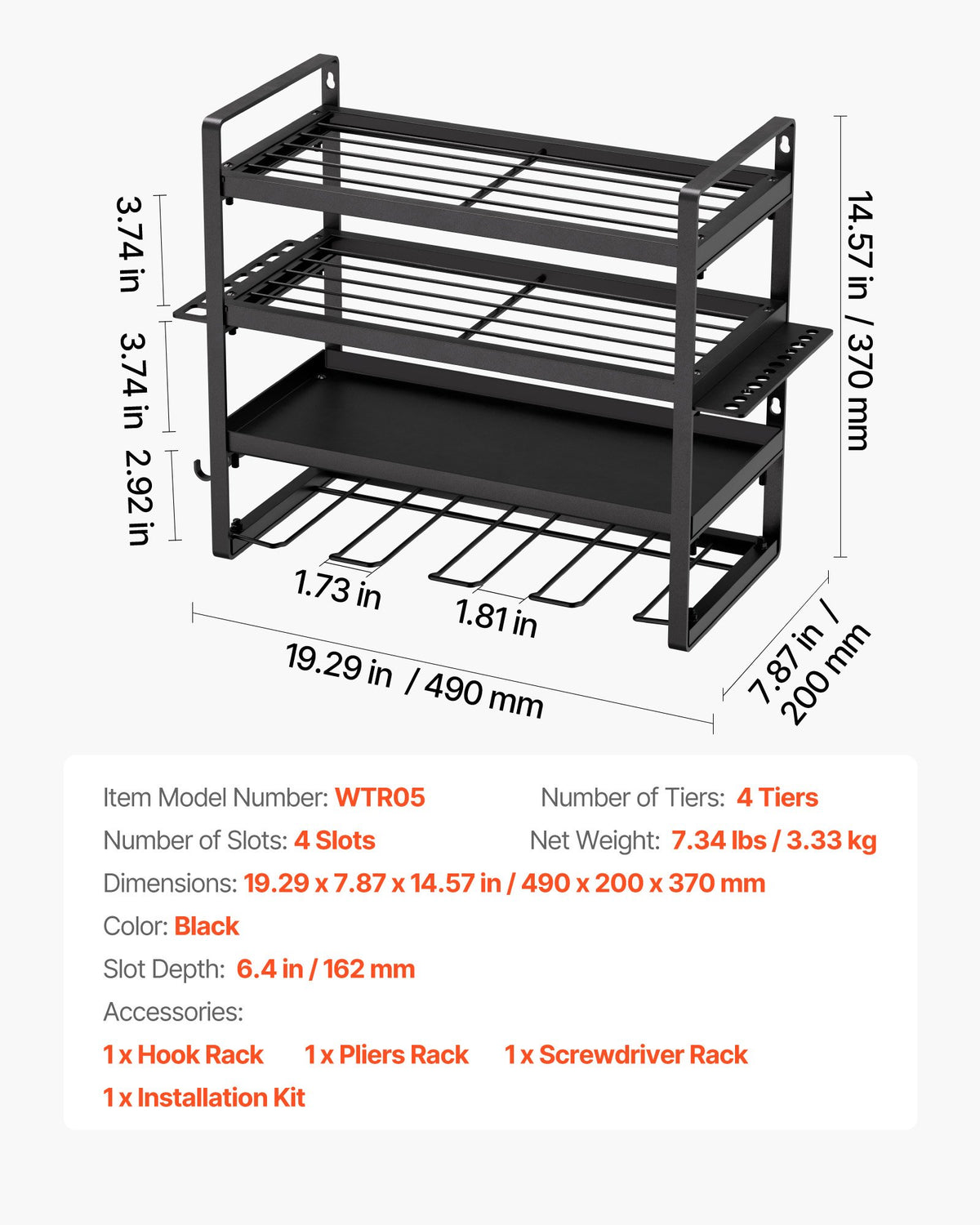 VEVOR Power Tool Organizer Wall Mount, 4-Layer Storage Rack with 4 Drill Holders, Tools Holder and Storage Rack with Screwdriver Holder, Garage Tool Organizer for Garage, Workbench, and Workshop - DDGJJTZJCK4CK95XO002V0 - view 8