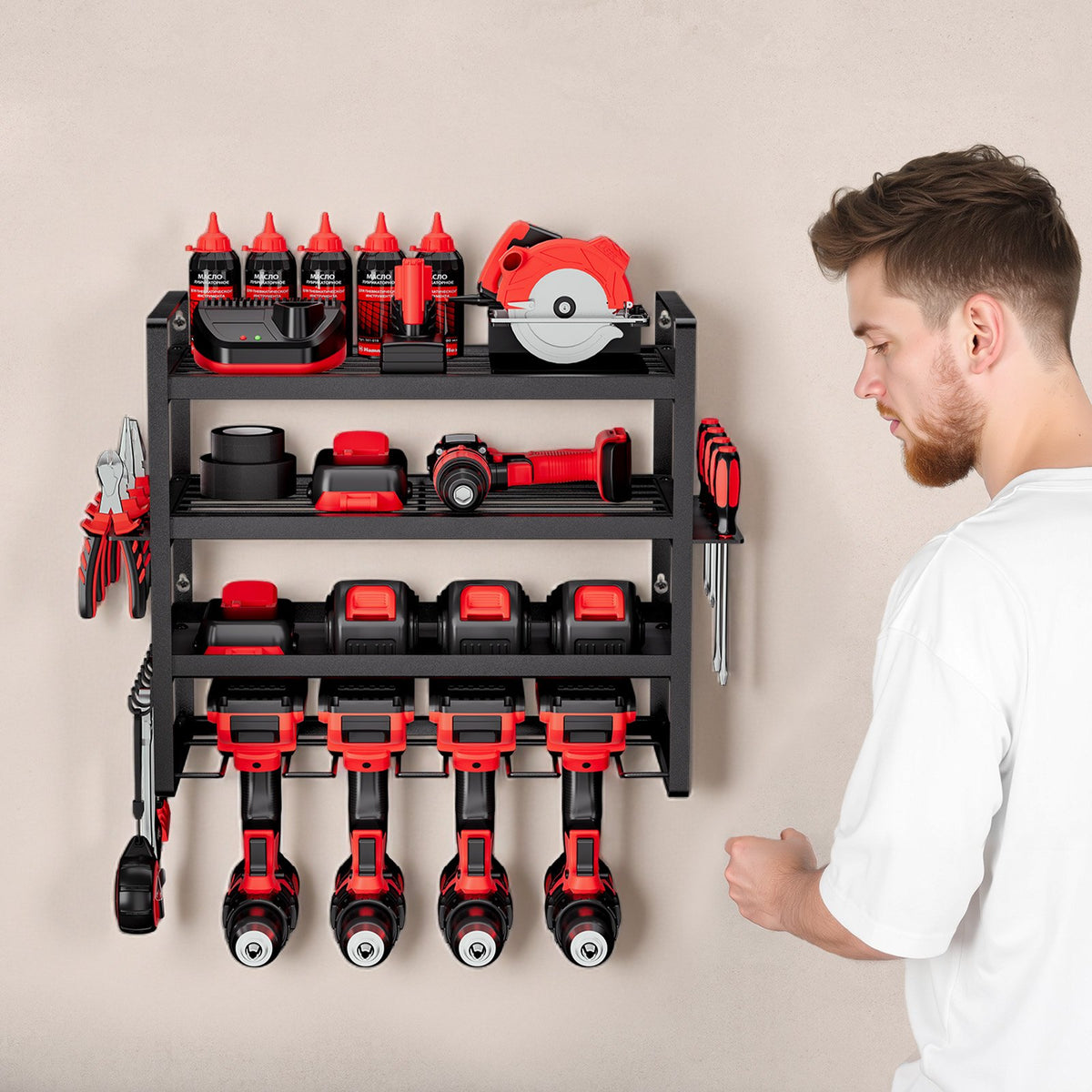 VEVOR Power Tool Organizer Wall Mount, 4-Layer Storage Rack with 4 Drill Holders, Tools Holder and Storage Rack with Screwdriver Holder, Garage Tool Organizer for Garage, Workbench, and Workshop - DDGJJTZJCK4CK95XO002V0 - view 9