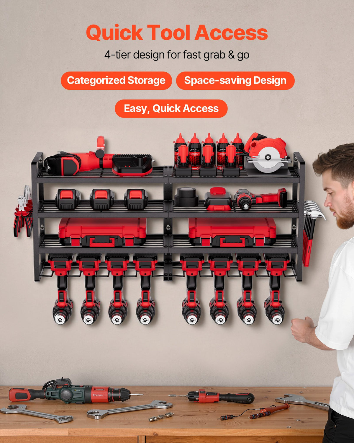 VEVOR Power Tool Organizer Wall Mount, 4-Layer Storage Rack with 8 Drill Holders, Tools Holder and Storage Rack with Screwdriver Holder, Garage Tool Organizer for Garage, Workbench, and Workshop - DDGJJTZJCK4CKOA5Q002V0 - view 3