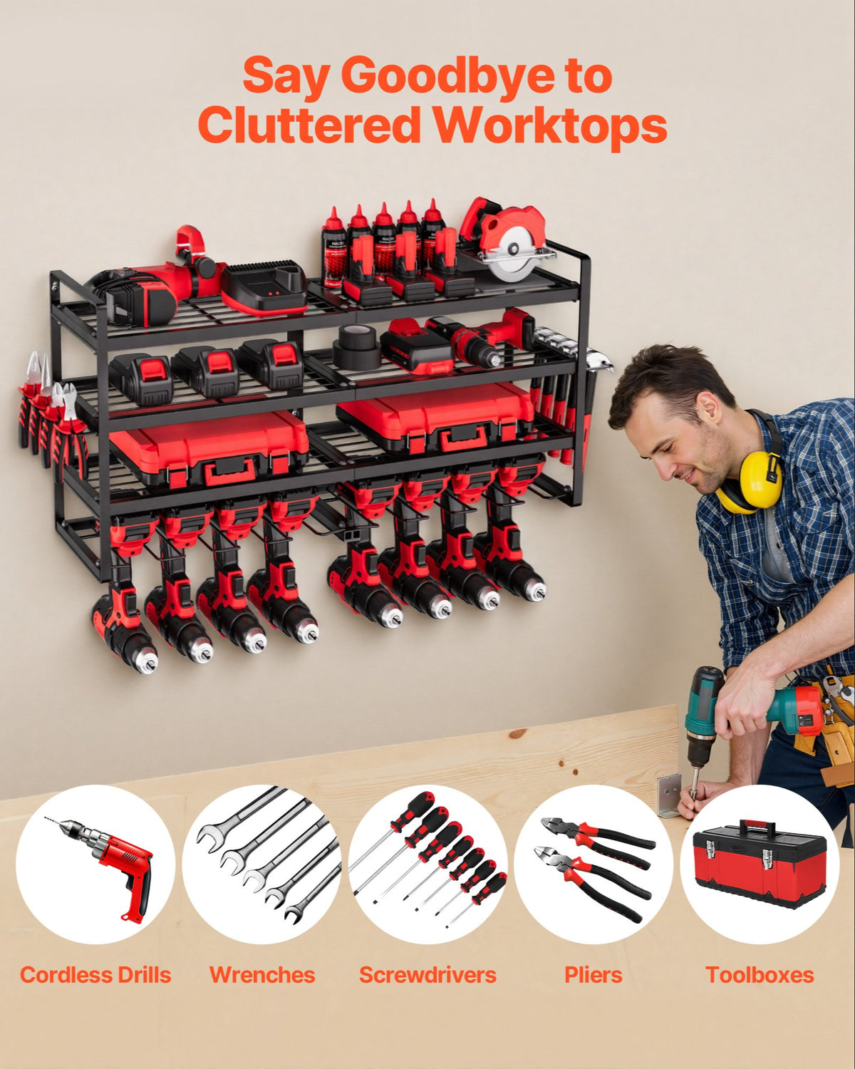 VEVOR Power Tool Organizer Wall Mount, 4-Layer Storage Rack with 8 Drill Holders, Tools Holder and Storage Rack with Screwdriver Holder, Garage Tool Organizer for Garage, Workbench, and Workshop - DDGJJTZJCK4CKOA5Q002V0 - view 4