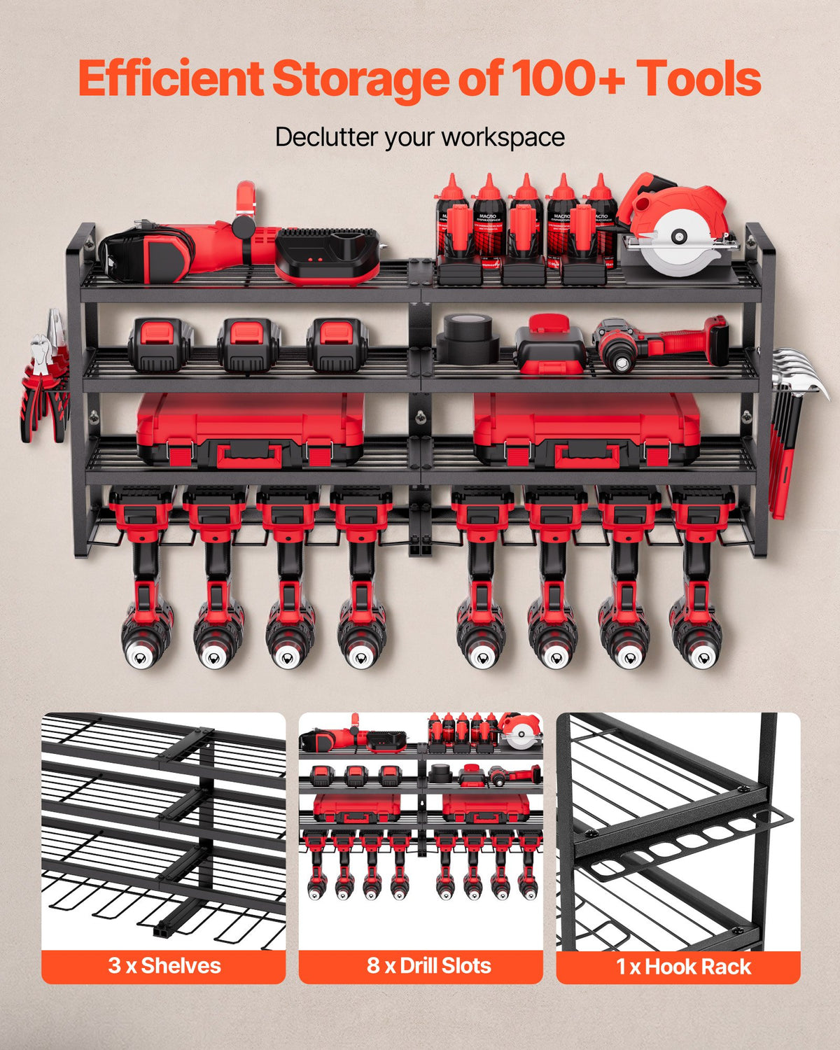 VEVOR Power Tool Organizer Wall Mount, 4-Layer Storage Rack with 8 Drill Holders, Tools Holder and Storage Rack with Screwdriver Holder, Garage Tool Organizer for Garage, Workbench, and Workshop - DDGJJTZJCK4CKOA5Q002V0 - view 5