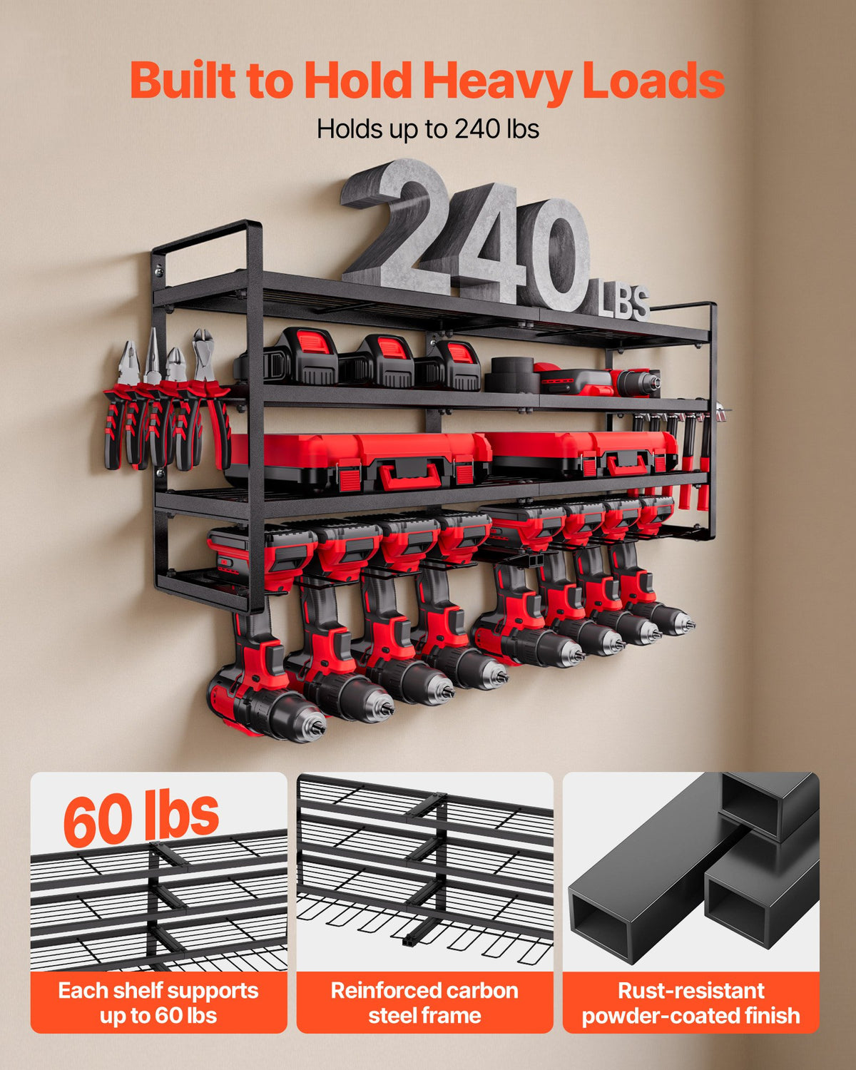 VEVOR Power Tool Organizer Wall Mount, 4-Layer Storage Rack with 8 Drill Holders, Tools Holder and Storage Rack with Screwdriver Holder, Garage Tool Organizer for Garage, Workbench, and Workshop - DDGJJTZJCK4CKOA5Q002V0 - view 6
