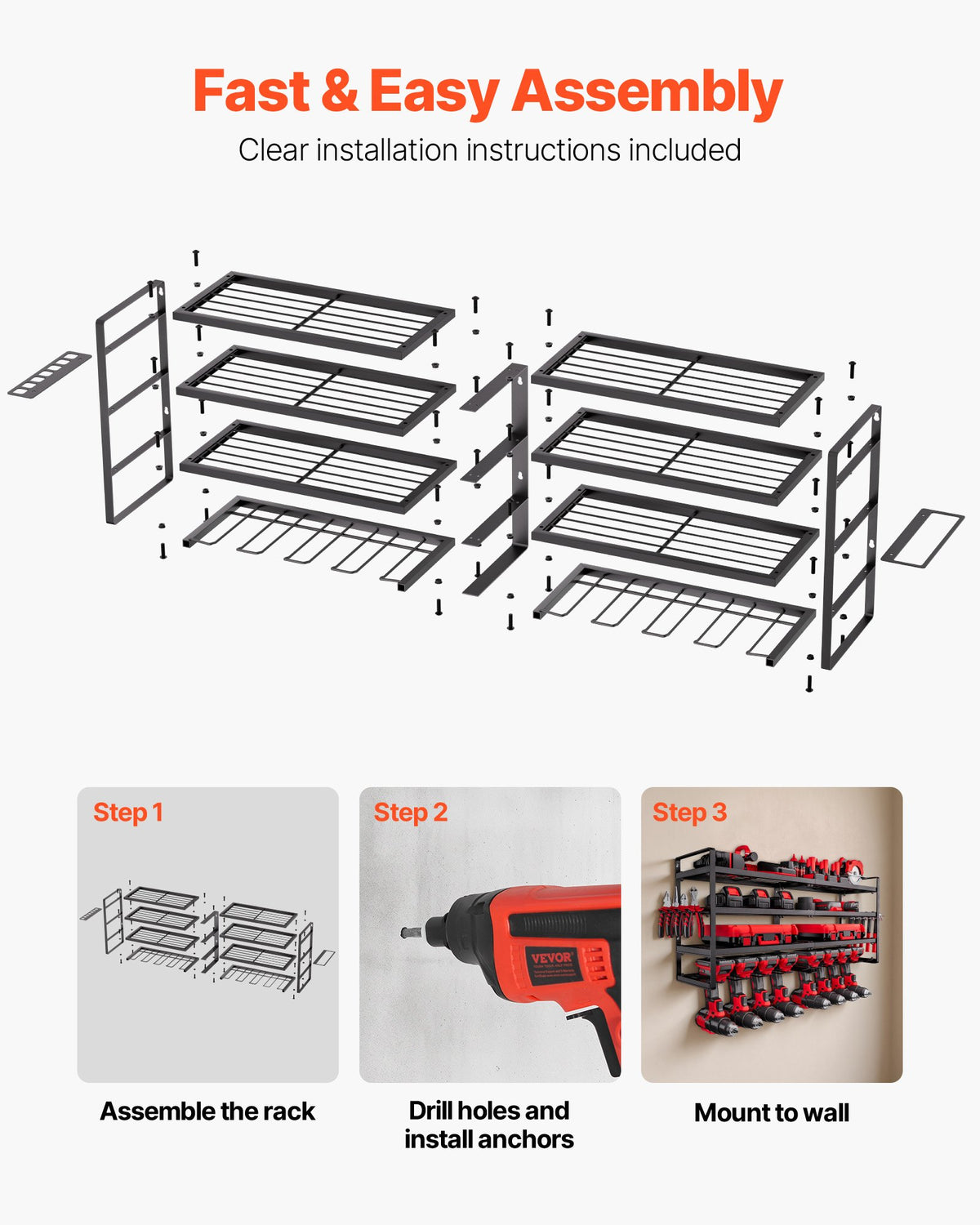 VEVOR Power Tool Organizer Wall Mount, 4-Layer Storage Rack with 8 Drill Holders, Tools Holder and Storage Rack with Screwdriver Holder, Garage Tool Organizer for Garage, Workbench, and Workshop - DDGJJTZJCK4CKOA5Q002V0 - view 7