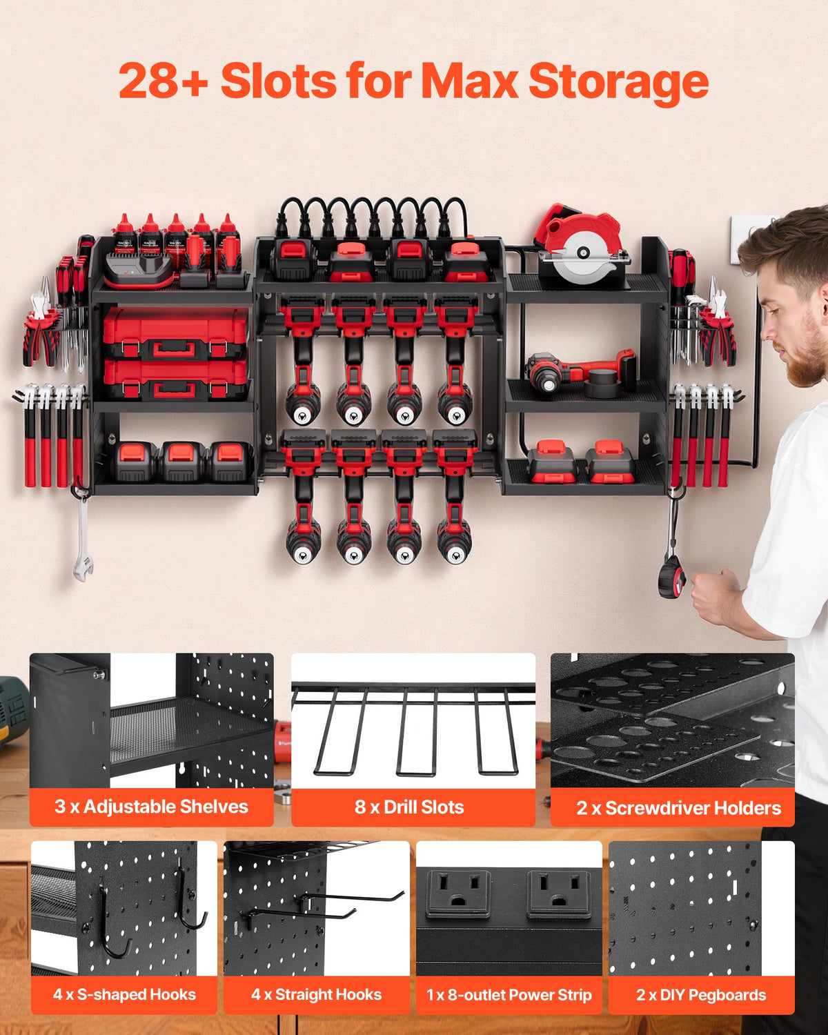 VEVOR Power Tool Organizer with Charging Station, 3-Layer Power Tool Battery Storage Rack with 5.58 ft Power Strip, 8 Drill Holders & 8 Outlets, Garage Tool Organizer for Garage, Workbench, Workshop - DDGJJTZZHK3CVVSYL002V1 - view 3