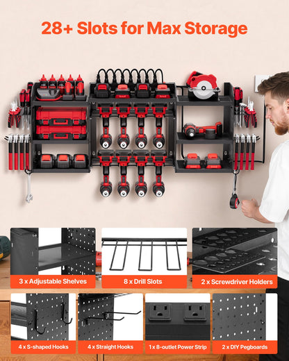 VEVOR Power Tool Organizer with Charging Station, 3-Layer Power Tool Battery Storage Rack with 5.58 ft Power Strip, 8 Drill Holders & 8 Outlets, Garage Tool Organizer for Garage, Workbench, Workshop - DDGJJTZZHK3CVVSYL002V1 - view 3