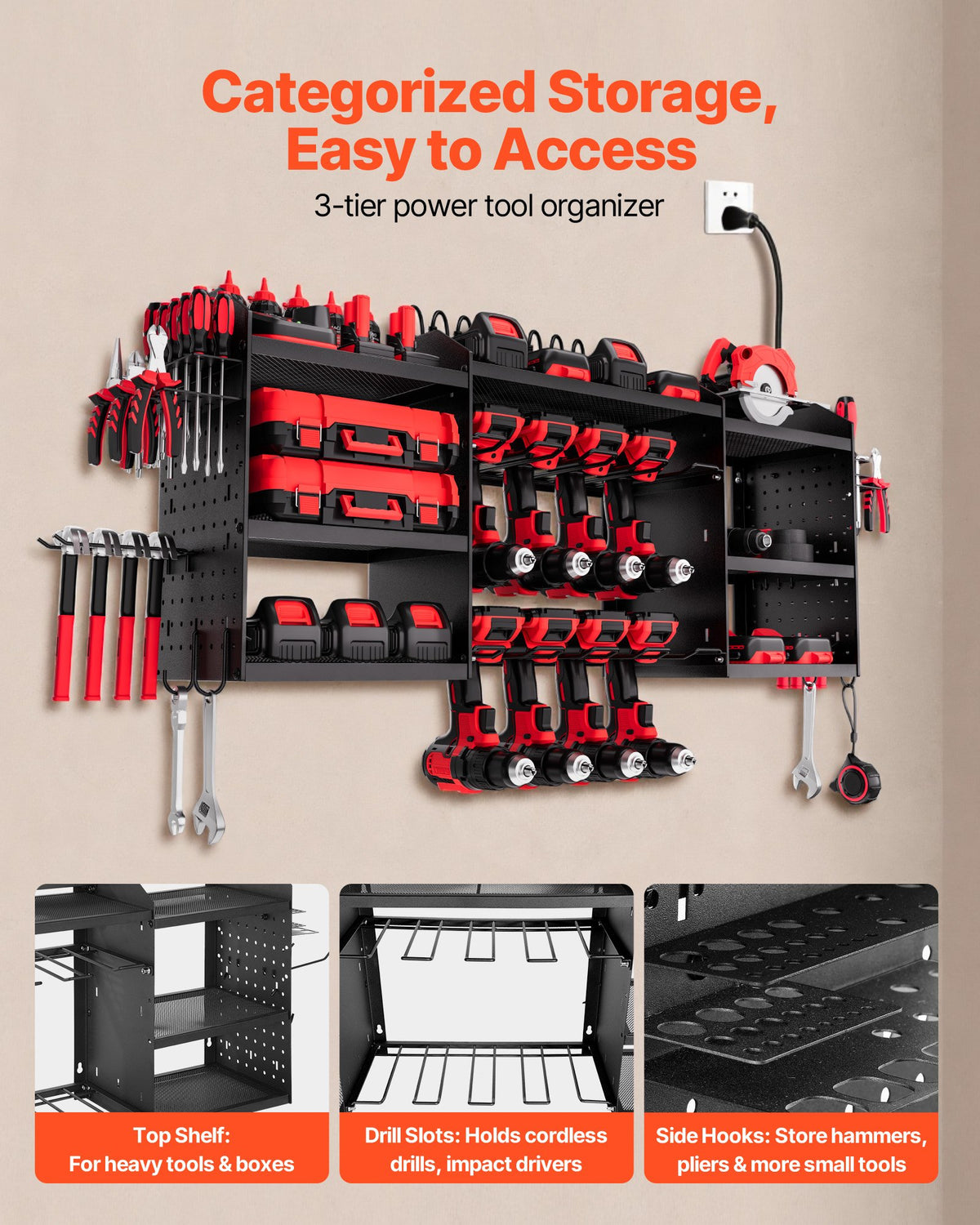 VEVOR Power Tool Organizer with Charging Station, 3-Layer Power Tool Battery Storage Rack with 5.58 ft Power Strip, 8 Drill Holders & 8 Outlets, Garage Tool Organizer for Garage, Workbench, Workshop - DDGJJTZZHK3CVVSYL002V1 - view 4
