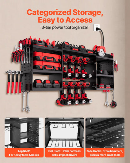 VEVOR Power Tool Organizer with Charging Station, 3-Layer Power Tool Battery Storage Rack with 5.58 ft Power Strip, 8 Drill Holders & 8 Outlets, Garage Tool Organizer for Garage, Workbench, Workshop - DDGJJTZZHK3CVVSYL002V1 - view 4