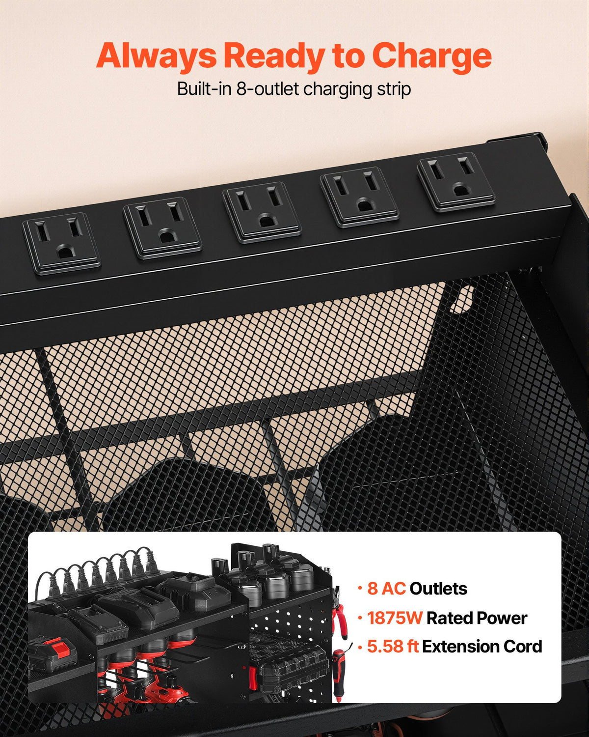 VEVOR Power Tool Organizer with Charging Station, 3-Layer Power Tool Battery Storage Rack with 5.58 ft Power Strip, 8 Drill Holders & 8 Outlets, Garage Tool Organizer for Garage, Workbench, Workshop - DDGJJTZZHK3CVVSYL002V1 - view 5