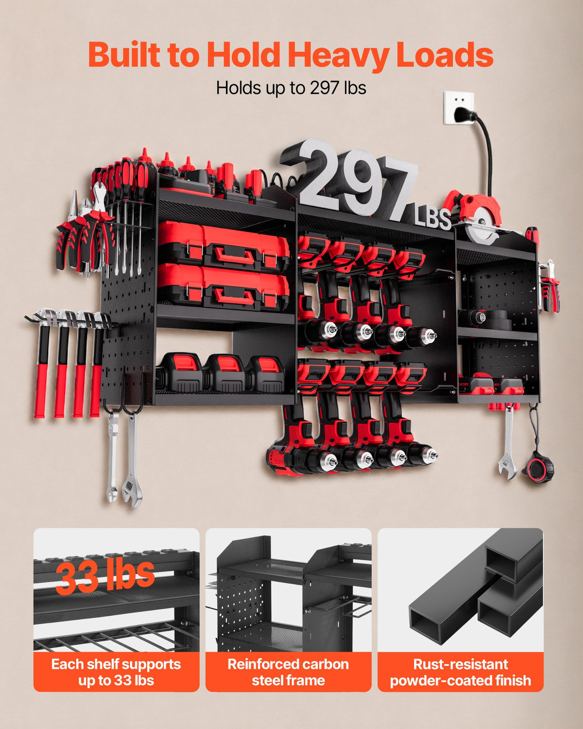 VEVOR Power Tool Organizer with Charging Station, 3-Layer Power Tool Battery Storage Rack with 5.58 ft Power Strip, 8 Drill Holders & 8 Outlets, Garage Tool Organizer for Garage, Workbench, Workshop - DDGJJTZZHK3CVVSYL002V1 - view 6