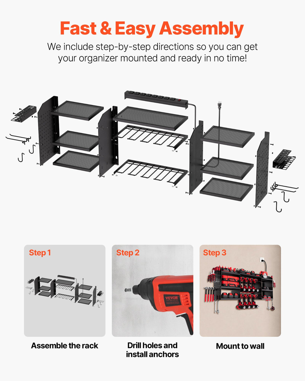 VEVOR Power Tool Organizer with Charging Station, 3-Layer Power Tool Battery Storage Rack with 5.58 ft Power Strip, 8 Drill Holders & 8 Outlets, Garage Tool Organizer for Garage, Workbench, Workshop - DDGJJTZZHK3CVVSYL002V1 - view 7