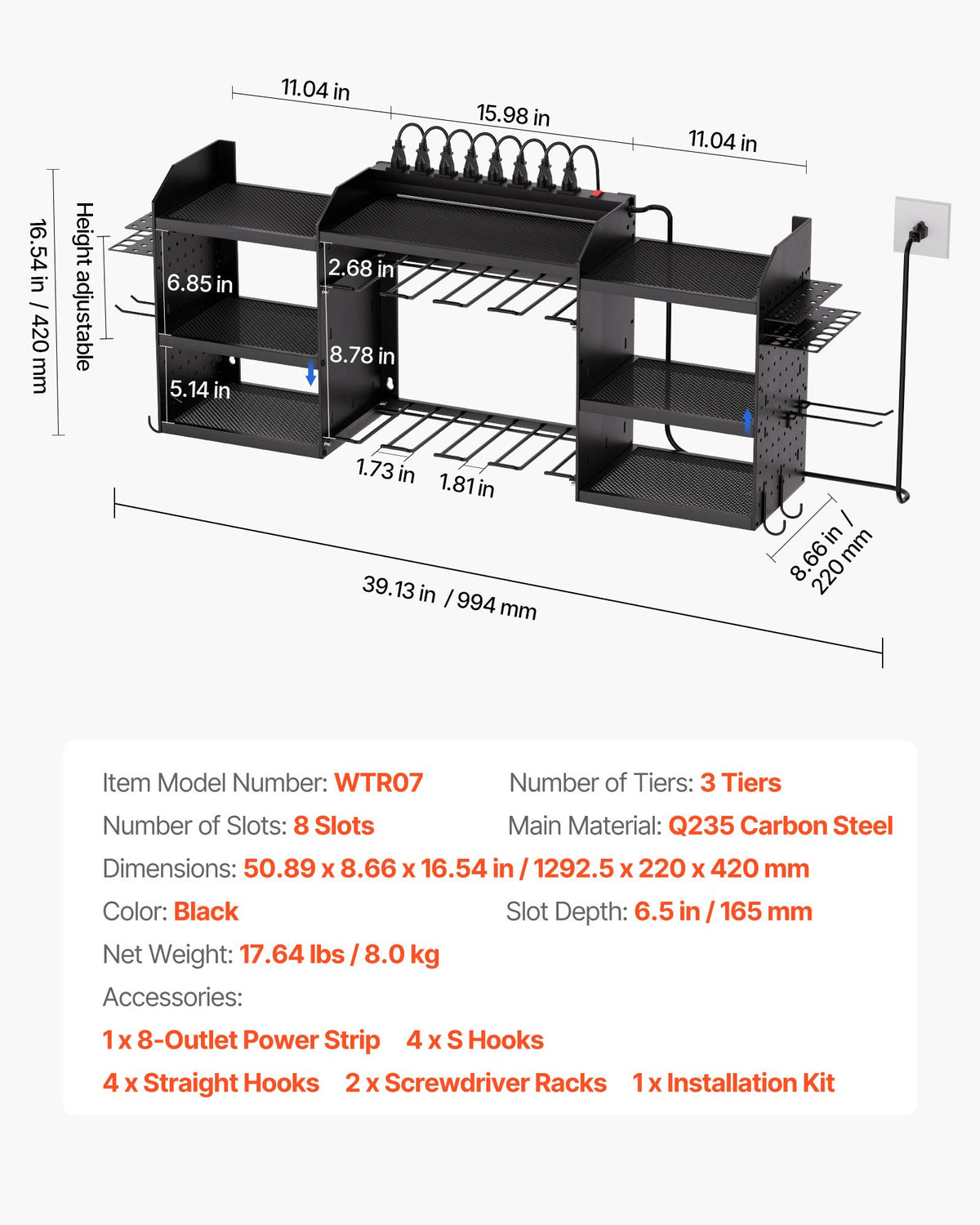 VEVOR Power Tool Organizer with Charging Station, 3-Layer Power Tool Battery Storage Rack with 5.58 ft Power Strip, 8 Drill Holders & 8 Outlets, Garage Tool Organizer for Garage, Workbench, Workshop - DDGJJTZZHK3CVVSYL002V1 - view 8