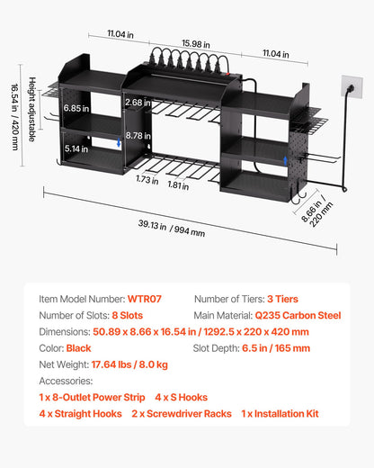 VEVOR Power Tool Organizer with Charging Station, 3-Layer Power Tool Battery Storage Rack with 5.58 ft Power Strip, 8 Drill Holders & 8 Outlets, Garage Tool Organizer for Garage, Workbench, Workshop - DDGJJTZZHK3CVVSYL002V1 - view 8